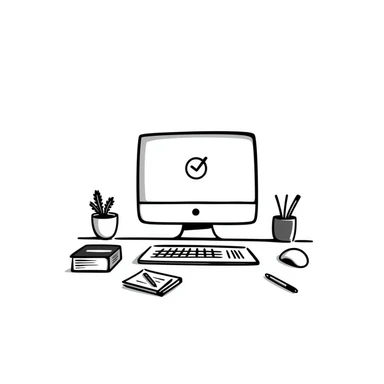 Computer on a desk with scattered books and notebooks sticker