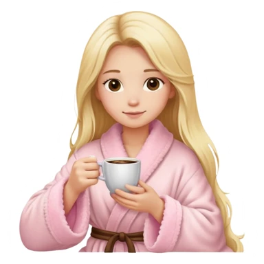 girl with long blonde hair sitting a cup of coffee wearing light pink fluffy robe sticker