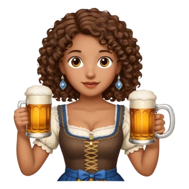 A woman with brown, shoulder-length curly hair and brown eyes she is wearing a dirndl and holding a beer stein sticker