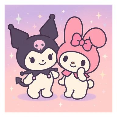Kuromi and My Melody together, anime style, soft pastel palette, gentle smiles, magical background sticker