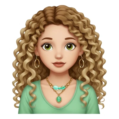cute girl with not volominous VERY LONG curly/wavy balayage hair brown eyes full lips cute makeup cute necklace and hoop earrings white girl with light green top sticker