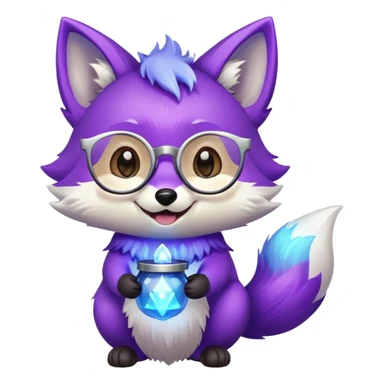 A small magical fox with shimmering purple and blue fur, a glowing fluffy tail, a silver star on its forehead, and round glasses, holding a tiny magical lantern, laughing with tears of joy in its eyes. 🦊😂 sticker