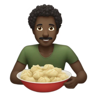 Dark skin guy with mustache and short curly hair eating heaps ofdumplings sticker