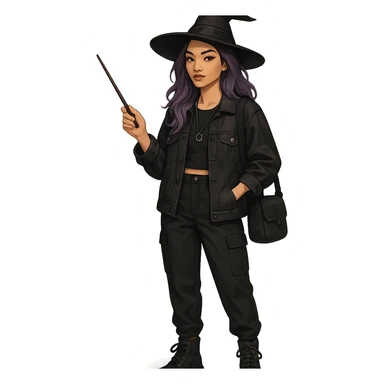 modern interpretation of a witch, youthful, purple hair, trendy clothing, urban style sticker
