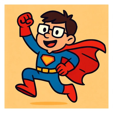 playful cartoon-style illustration of a user as a superhero, bright colors, bold outlines sticker
