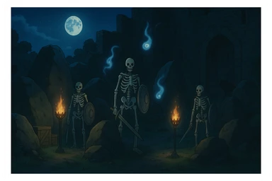 midnight within the ruins of abandoned castle yard, protrude boulders, amid iron torches and crates tucked behind, skeleton warriors, wisps, and wolves linger just in the edge of view behind scenery sticker