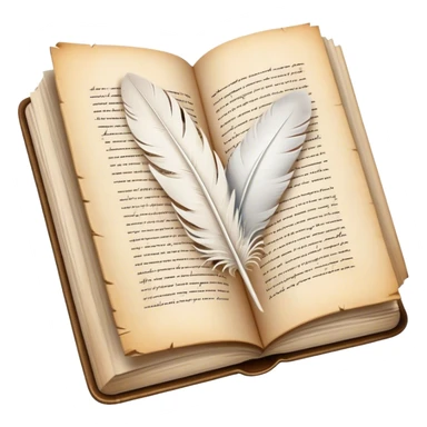 Create a poetic and elegant emoji representing poetry. The design should feature several vintage, gracefully flying pages with short, poetic columns written on them. A white feather quill should be depicted writing on one of the pages, with ink flowing smoothly. The pages should have a soft, antique look, with subtle details to convey the delicate nature of poetry. Use soft, light colors with a romantic, airy feel. Make the background transparent. sticker