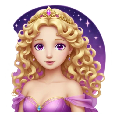 Cinematic Stunning Aurora Portrait Emoji, Ethereal in her flowing pink gown, golden curls shimmering, soft violet eyes filled with serenity, an enchanting glow surrounding her, capturing the beauty of a princess lost in a dream! sticker