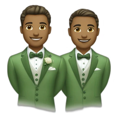 set of grooms in green suits light olive skinned latio the other white sticker