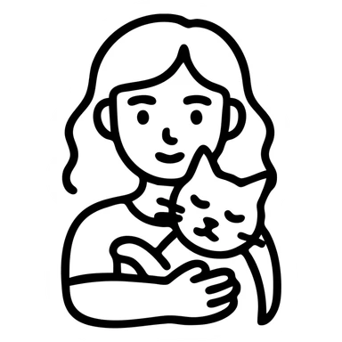 icon of a girl with medium black wavy hair, doe eyes, straight nose cuddling an orange and white cat sticker