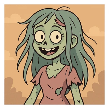 a zombie girl with long wispy hair, cute cartoon style, colorful, friendly expression sticker
