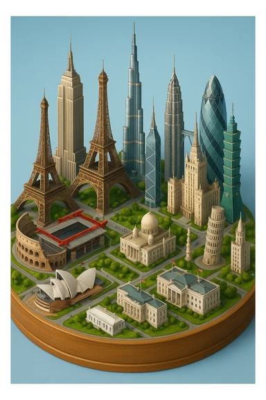 Оставь основу картинки - деревянную подставку, но при этом сгенерируй изометричная, яркая, детализированная и фотореалистичная иллюстрация где будет самые узнаваемые здания мира Эмпайр Стейт Билдинг, Эйфелева башня, Колизей, Сиднейская опера, стадион Сан-Сиро, Белый Дом Пизанская башня, здание МГУ, Бурдж-Халифа, Башни Петронас, Небоскрёб Фостера в Лондоне, Рейхстаг, Тайбэй. Здания не должны повторять и должны быть на картинке в единственном экземпляре sticker