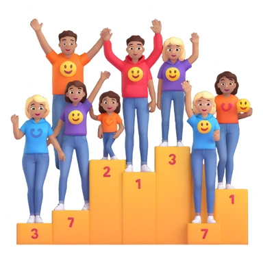 winners’ podium with multi-racial people, brown, middle step higher, no numbers, fun colorful clothes like jeans, t-shirts, and hoodies, excited fun expressive 3D emoji style sticker