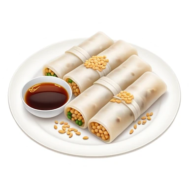 Cantonese rice noodle roll Cheung Fun with soy sauce and sesame seeds, simplified emoji style with bold outlines and bright colors, cartoon style translucent rolled rice sheets on plate sticker