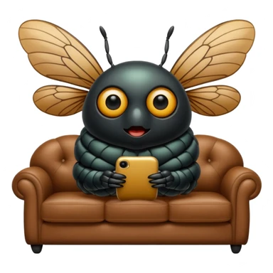 Black Cicada cartoon style with black shiny round eyes watching on a phone sit on a brown sofa  sticker