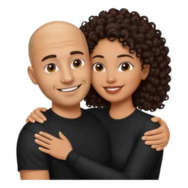 A picture of a tanned couple embracing. the man is a Mexican man with tanned skin, a bald hair cut, short beard and wearing a black shirt. the woman is mixed, with long curly dark brown hair and with big boobs  sticker