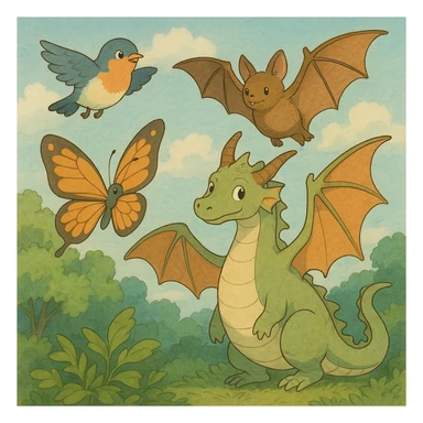 a whimsical collection of animals with wings including a bird, bat, butterfly, and dragon in ghibli style sticker
