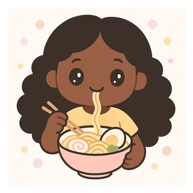 dark skin African American girl with long curly black hair, wearing a yellow shirt, eating a bowl of ramen, kawaii style sticker