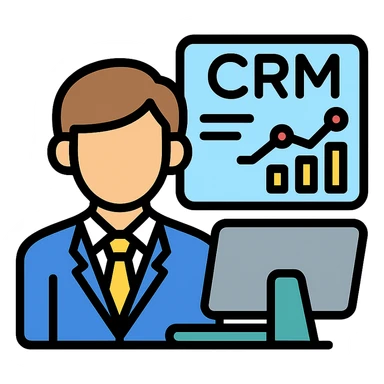 businessperson with brown hair at a computer, CRM graphs on screen sticker