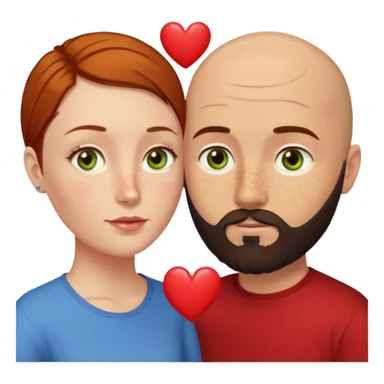Couple. Bald man with dark brown-black beard. Woman with many small, faded, round freckles, white skin and she has auburn-yellow-brown dark hair. She has light yellow-brown-green eyes. He have hazel-blue eyes. They look at each other. Many small red hearts around them. sticker