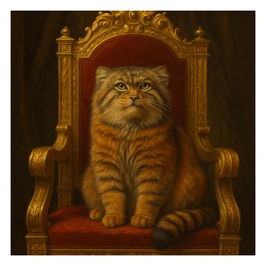 A brown-orange Pallas's cat (Manul) sitting on a royal throne, looking majestic sticker