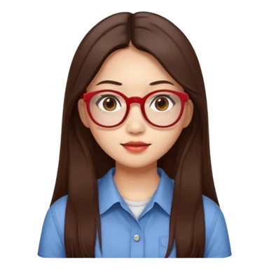20 yr old asian woman, straight thick long brown hair, middle part, big red glasses, brown eyes, casual shirt sticker