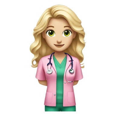 pale blonde girl with long wavy hair and green eyes wearing pink scrubs and stethoscope  sticker