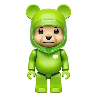 classic bearbrick toy figure with cubic head, wearing a lime green balaclava with clear aggressive eyebrows, blocky bear design not monkey sticker