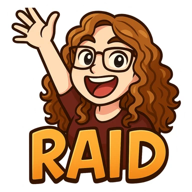 Create a Twitch raid emote of the person in the reference photo in an energetic pose. Use a bold and expressive style. Include the word 'RAID' in fun lettering. Transparent background. sticker