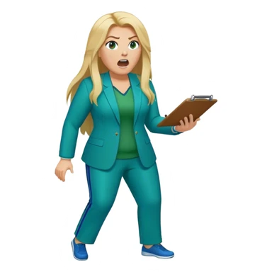Full Body white plus size female basketball head coach yelling using a clipboard with long blonde hair in a blue and green suit sticker