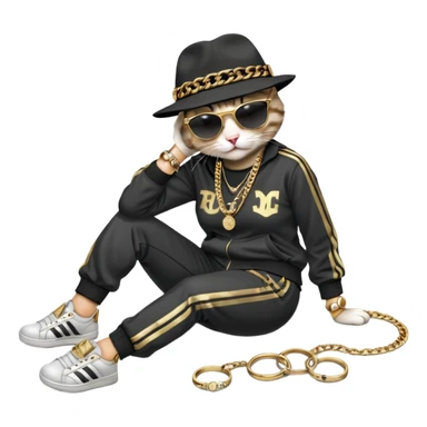female cat dressed like Run DMC in tracksuit, fedora, Adidas shoes, dark sunglasses, lots of gold chains, rings, bracelets, earrings, lying on the ground after falling, distressed sticker