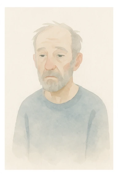 70 year old tired man, lost gaze, light skin, unkempt beard, painterly style, soft colors, blurred background sticker