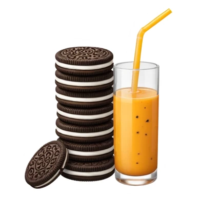 playful scene with Oreo cookies and a bottle of orange juice with a straw sticker