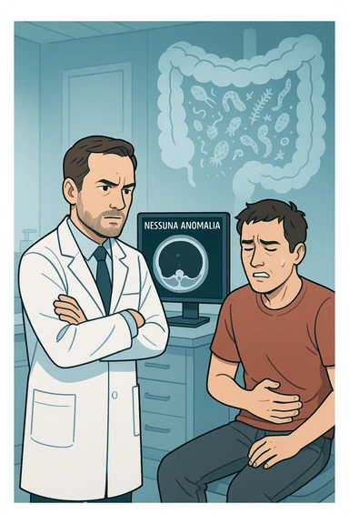 Medico in camice bianco in uno studio moderno, mentre osserva una TAC o ecografia su uno schermo con espressione convinta. Accanto a lui, un paziente seduto che lamenta dolori intestinali. Sullo sfondo, un’immagine traslucida dell’intestino pieno di piccoli parassiti stilizzati (vermi, protozoi), non visibili nel monitor medico. Il monitor mostra 'nessuna anomalia', ma dietro c’è la realtà invisibile. Atmosfera clinica ma con contrasto simbolico tra 'ciò che si vede' e 'ciò che sfugge'. Colori freddi, luce ospedaliera in italiano sticker