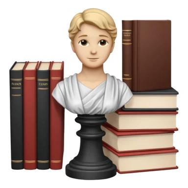Minimalistic flat vector icon, iOS style, thin black contour on white background. Bust statue on a small pedestal next to a stack of books, symbolizing classic literature. Clean, no text, no shadows sticker