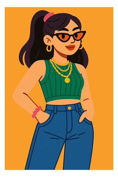 dressed up woman in a cool Gen Z look, crop top, high-waisted jeans, layered jewelry, casual and stylish sticker