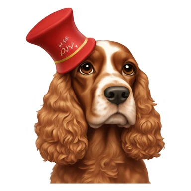 A full-length adult red cocker spaniel in a New Year's cap sticker