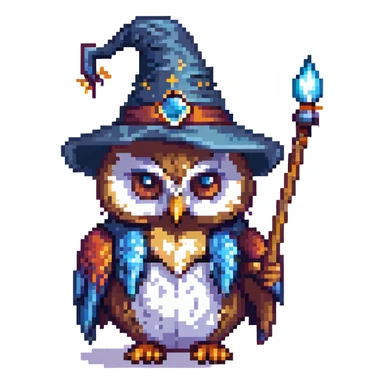 minimalist pixel icon of an owl with a wizard hat and wand simple color palette clean lines sticker