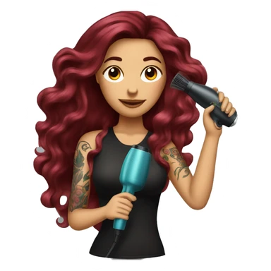 Beautiful tattooed  burgundy long haired woman blow drying her hair sticker