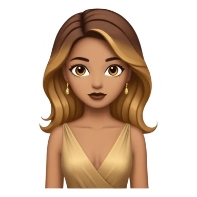 Woman using a long elegant dress. She has medium skin tone and a brown with gold makeup sticker