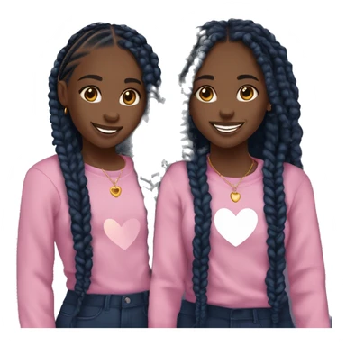 two black teenage twin girls (dark) (Both have the same skin tone) with black box braids that have curly ends and with navy blue tops and gold earrings and gold cross necklaces and they are smiling and a love heart that is pink is hovering beteern them sticker
