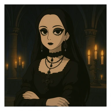 Add a gothic background with candlelit cathedral, gothic arches, and dark ambiance. Keep Mona Lisa as a goth with fitting gothic style details. sticker