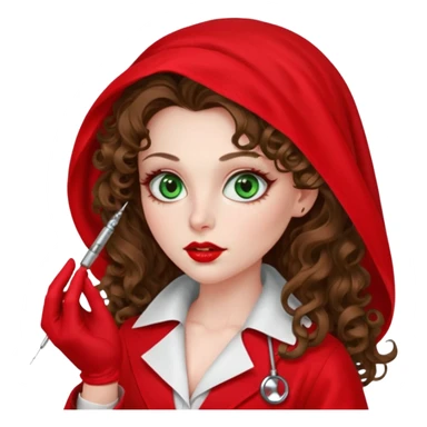 Spanish sexy evil woman. She has green eyes.  had brown long curly hair.  evil surgeon kills with needle wears red sexy doctor coat with red Juliet veil on her mouth and nose to hide and wearing red gloves.  sticker