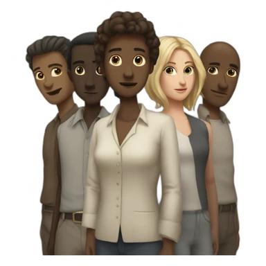 six dark-skinned men stand behind a pale woman sticker