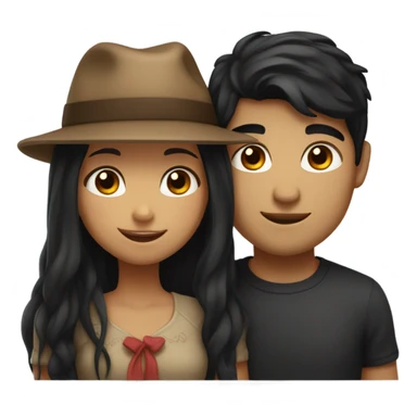 Girl with long black hair brown eyes and guy with black hair brown eyes and a hat holding one another sticker