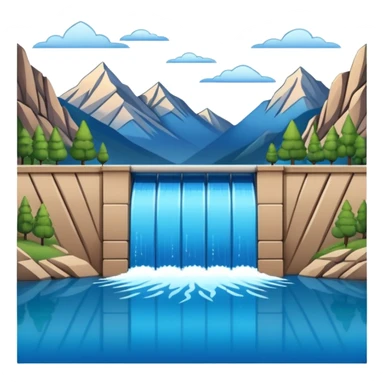 Emoji-style illustration of dam in front of mountain lake, flat vector look, bold outlines, minimal details, no background. sticker