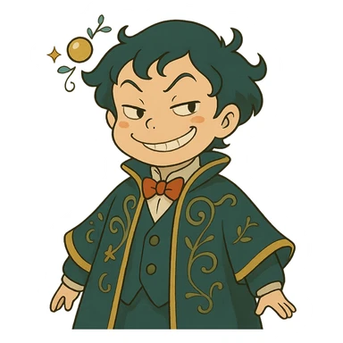ghibli style AI agent with a mischievous smile, whimsical details sticker