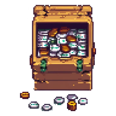 a chest with paper bills and coins spilling out, pixel art style sticker