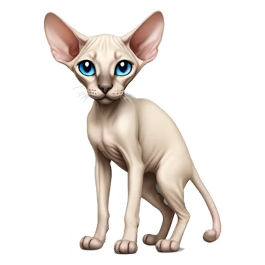 Siamese Sphynx Peterbald  cat with blue eyes, full thin body stand, black nose ears and tail sticker