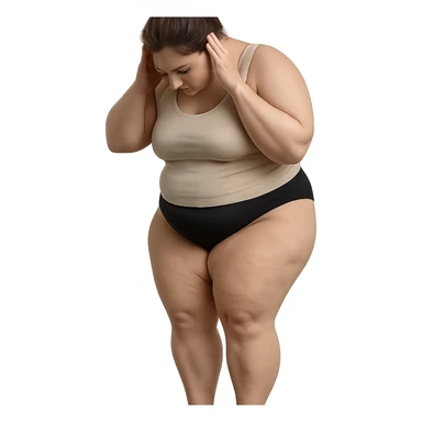 hyper realistic 4K woman weighing herself on a scale, fat on thighs and legs, normal physique, anatomical details, self-analysis atmosphere sticker